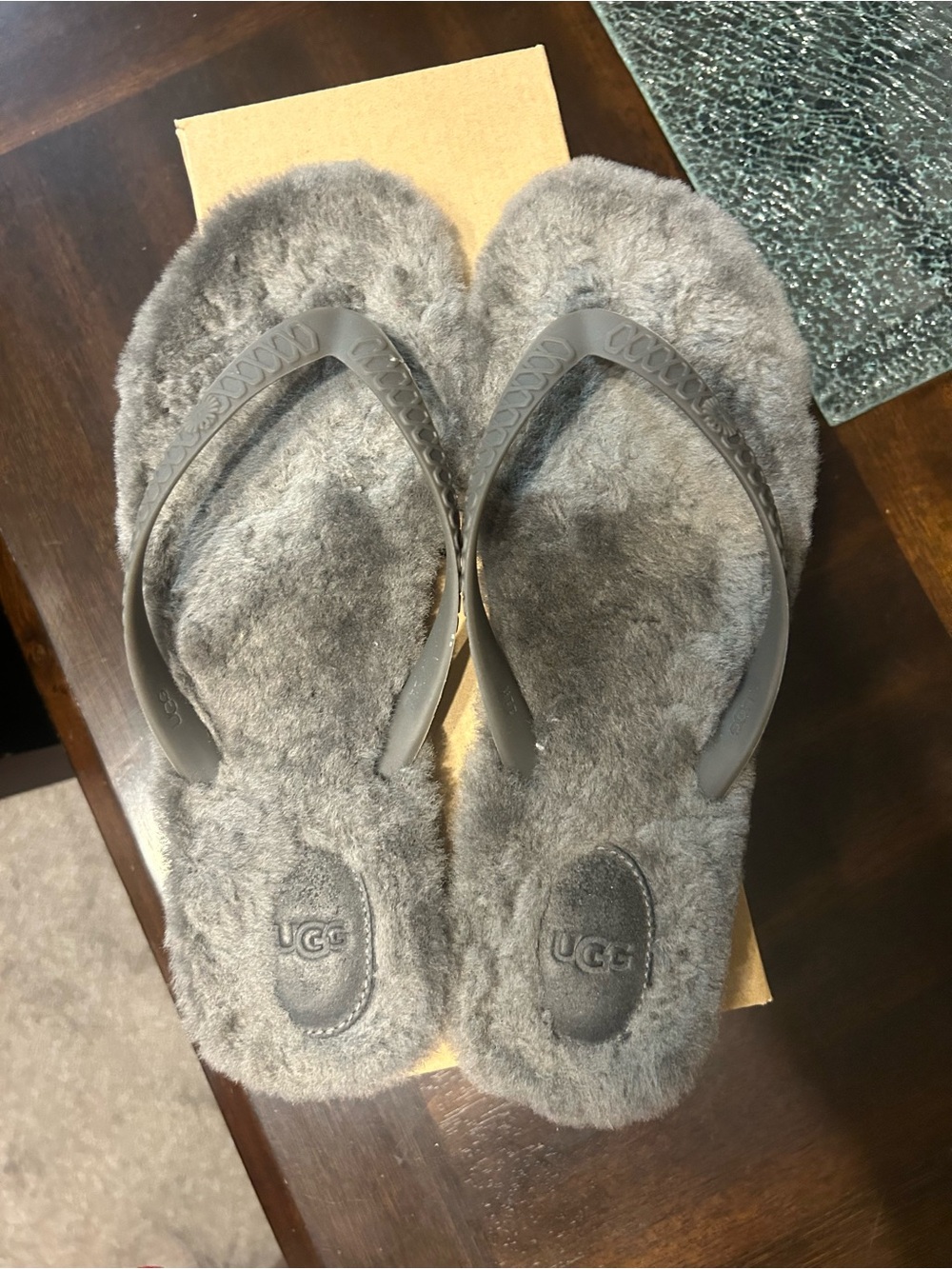 UGG Gray Shearling Fur Thong Sandals